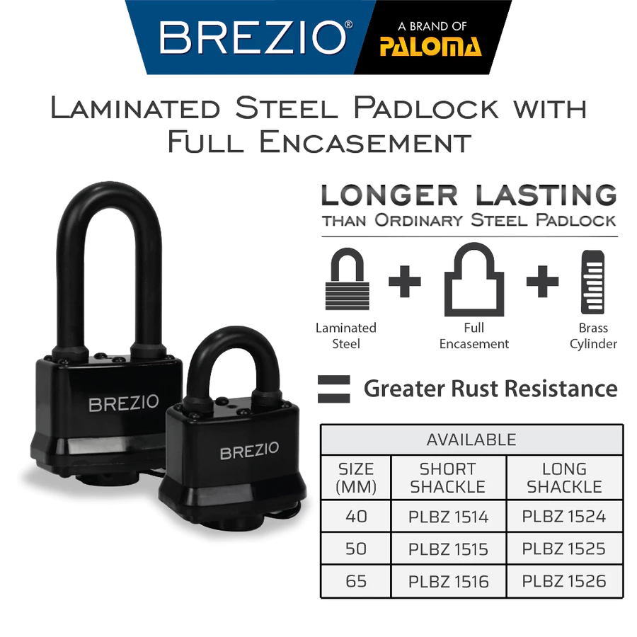 BREZIO Laminated Steel Padlock Brass Cylinder Black PLBZ